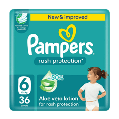 Pampers (6) Extra Large 13+ Kg 36 Diapers
بامبرز لوشن الصبار (6) +13 كيلو 36 حفاضة
