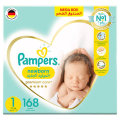 Pampers Premium Care Size (1) Newborn 3-5 Kg Mega Box 168 Diapers